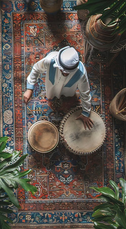 Top view of muslim man playing djembe on the carpetの写真素材