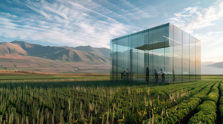 3D rendering of a modern office building in the middle of a fieldの写真素材