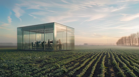 3d render of modern glass greenhouse in the field at sunset.の写真素材