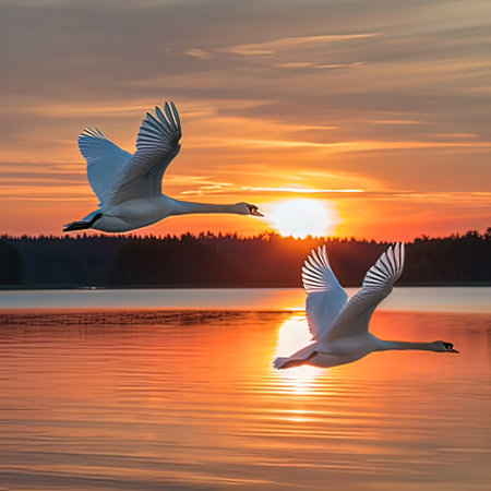 Beautiful white swans flying over the lake at sunset. The mute swan, Cygnus olorの写真素材