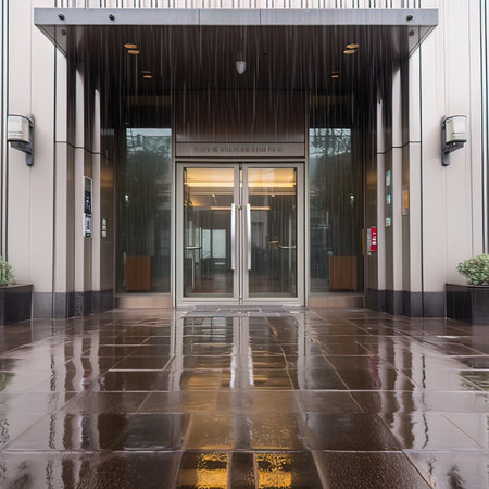 Modern office building with glass door and reflection in the wet floor.の写真素材