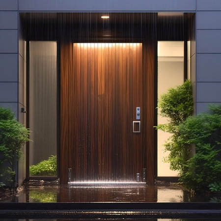 Modern wooden door in the building. 3D rendering. Shallow DOF.の写真素材