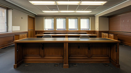 Interior of an office building with a row of desks and chairsの写真素材