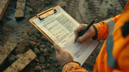 Close-up of a construction worker writing on a clipboard with a penの写真素材