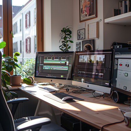 Interior of a modern office with computer monitors and a plant.の写真素材