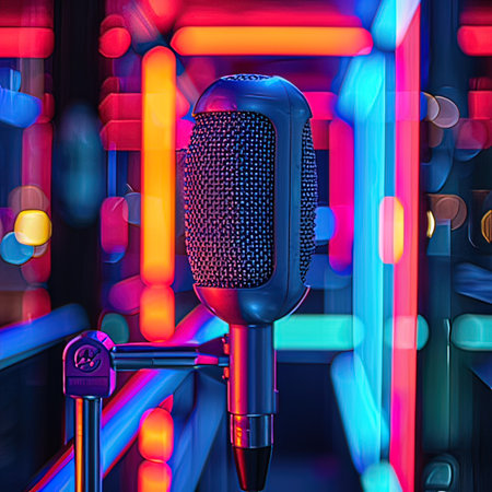 Microphone on a stand in front of colorful neon lights. 3d renderingの写真素材