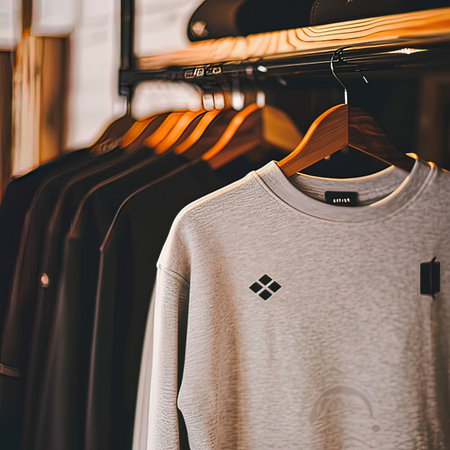 Fashionable clothes on hangers in the store. T-shirts and sweaters.
