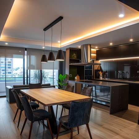 Interior of a modern kitchen with black and white furniture. Nobody insideの写真素材