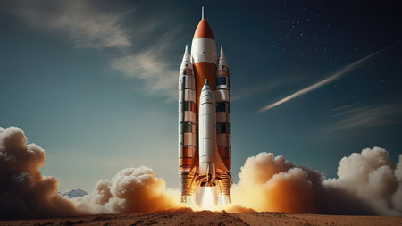 Rocket in space. Mixed media. Mixed media. Mixed media. Mixed mediaの写真素材