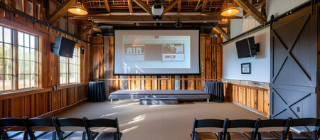 Interior of a conference room with wooden walls and wooden floor.