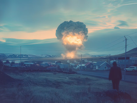 Nuclear explosion on the background of the city and the road.