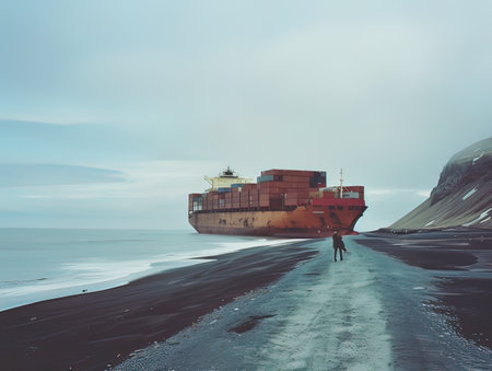 Cargo ship on the black sand beach in Iceland. Toned.の写真素材