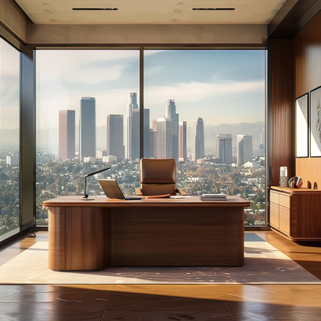 Interior of modern office with wooden reception desk and city view. 3D Renderingの写真素材
