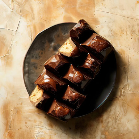Chocolate cake on a plate over rustic background. Square imageの写真素材