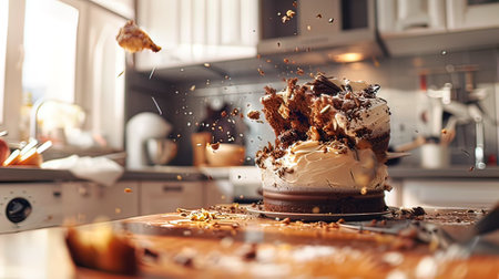 Chocolate cake with whipped cream falling into the air in the kitchenの写真素材