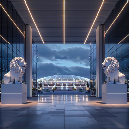 3D rendering of a modern football stadium interior with two lions in the foregroundの写真素材