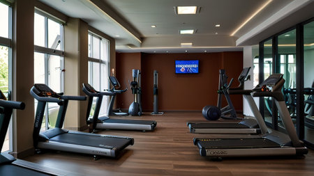 Interior of a fitness hall with treadmills and fitness equipmentの写真素材