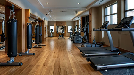 Interior of a modern fitness hall with equipment. 3d renderingの写真素材
