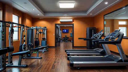 Interior of a fitness hall with a treadmill and a fitness machineの写真素材