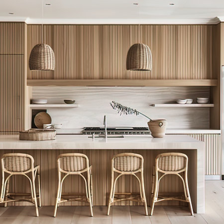 Interior of modern kitchen with wooden walls, beige countertops and wooden cupboards. 3d renderingの写真素材