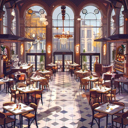 Interior of a restaurant with tables and chairs, 3d render
