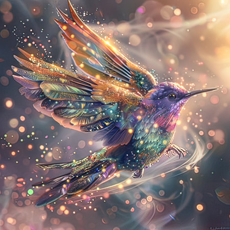 Colorful hummingbird with colorful bokeh background. Fantasy illustration.の写真素材
