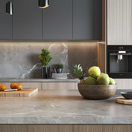 3d render of modern kitchen with black and white marble countertopの写真素材