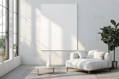 Interior of modern living room with white walls, tiled floor, white sofa standing near window and mock up poster frame. 3d renderingの写真素材