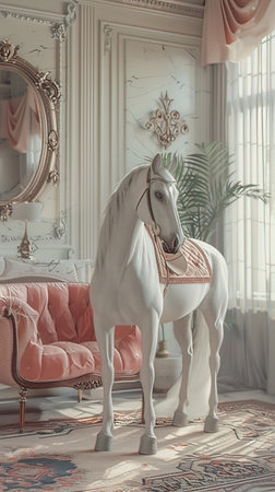Beautiful white horse on the background of a vintage interior. 3d renderingの写真素材