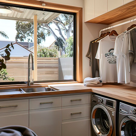Laundry room with sink, washing machine and t-shirt. Northwest, USAの写真素材
