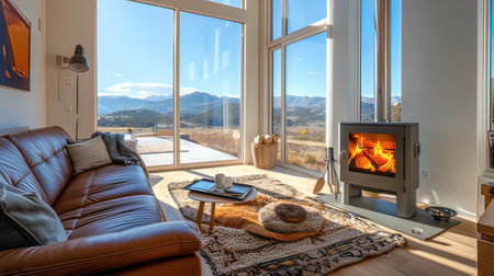 Interior of a modern living room with a fireplace in the foregroundの写真素材
