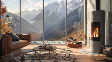 Cozy living room with fireplace and coffee table. 3d renderの写真素材
