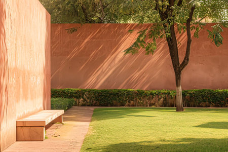 Bench and green grass in the public park with orange wall background.の写真素材