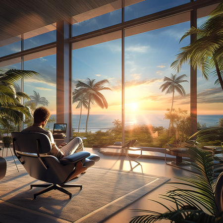 Young man sitting on chair and using laptop in modern office with palm trees and sea viewの写真素材