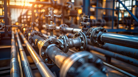 Industrial zone, Steel pipelines and valves in blue tones at sunset