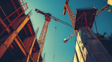 Construction site with cranes and building under construction. Toned.の写真素材
