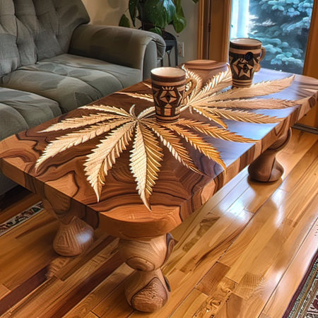 Wooden table in the living room with a cup of coffee.の写真素材