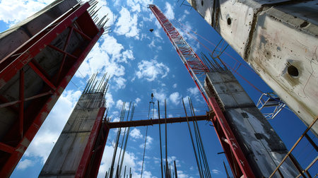 construction site with blue sky and white clouds, note shallow depth of field