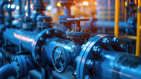 Industrial zone, Steel pipelines and valves at blue toned.