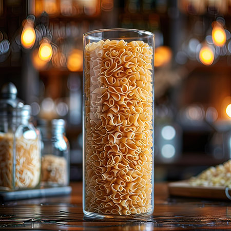 Dry uncooked pasta in a glass on a dark background.の写真素材