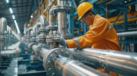 Engineer working in oil and gas industrial factory. Young male engineer working in oil and gas industry.の写真素材