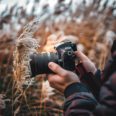 Man with a camera in his hands on a background of dry grassの写真素材