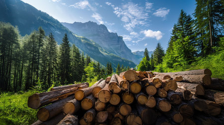 Pile of logs on the background of the Dolomites mountainsの写真素材
