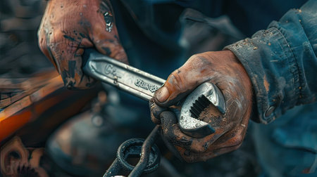 Close-up of a mechanic working with a wrench in his handの写真素材