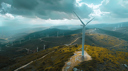Wind turbines in the mountains. 3D rendering. Computer digital drawing.の写真素材