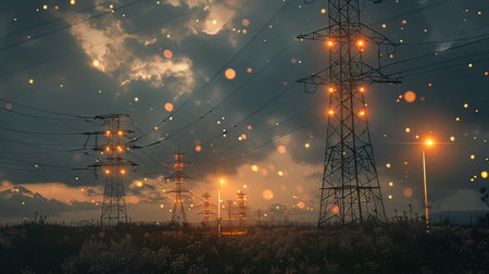High-voltage power lines at sunset. Electricity distribution station.の写真素材