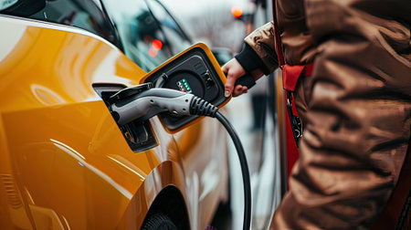 Close-up of an electric car being charged at a charging stationの写真素材