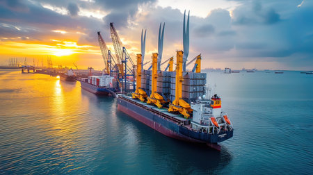 Container Cargo freight ship with working crane bridge at sunset for Logistic Import Export...