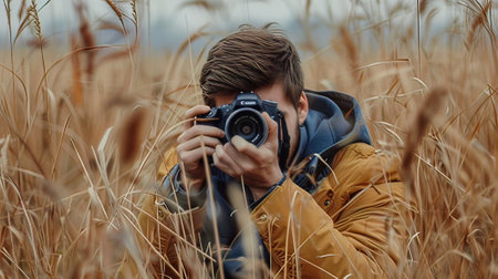 Photographer in a wheat field. Man with a camera in the fieldの写真素材