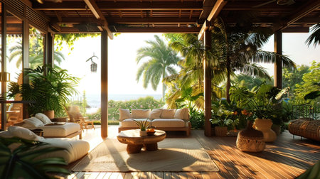 Interior of a villa on the beach. View from the balcony